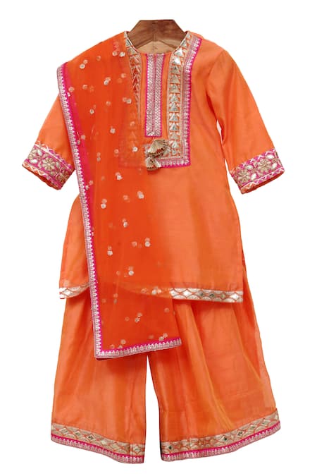 Minime Organics Orange Silk, Cotton Embroidery, Tassels, Sequins, Gota Patti Kurta Sharara Set 