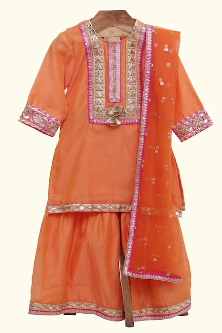 Shop Minime Organics Orange Silk, Cotton Embroidery, Tassels, Sequins, Gota Patti Kurta Sharara Set at Aza Fashions Shop_Minime Organics_Orange Silk, Cotton Embroidery, Tassels, Sequins, Gota Patti Kurta Sharara Set _at_Aza_Fashions
