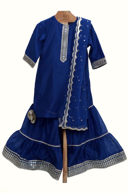 Minime Organics Blue Silk, Cotton Gota Patti, Kurta Sharara Set With Embroidered Dupatta 