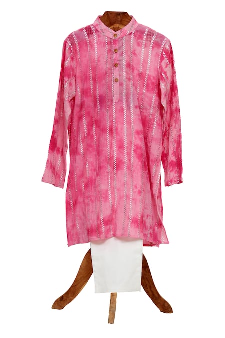 Minime Organics Pink Cotton, Lurex Stripe Pattern Kurta Set 
