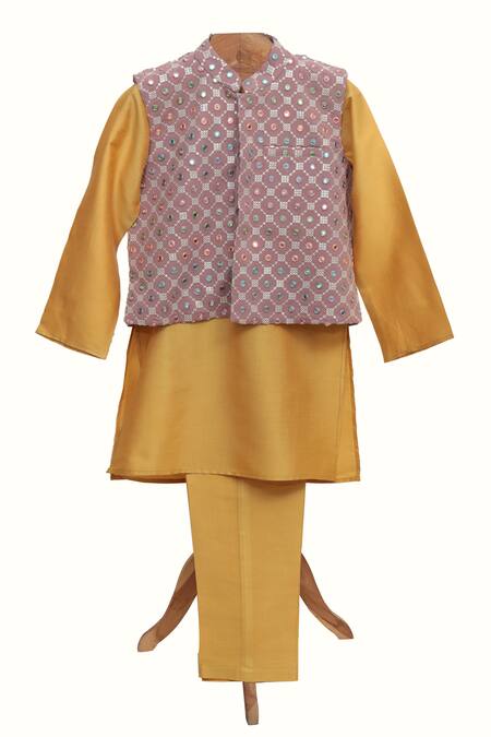 Minime Organics Gold Silk, Chanderi Mirrors, Embroidery Checkered Work Kurta Set 