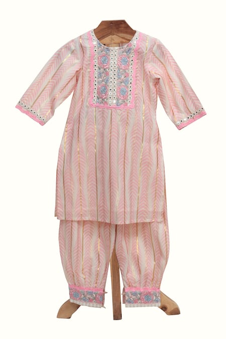 Minime Organics Pink Cotton Mirrors, Lace, Embroidery Printed Kurta And Harem Pant Set 