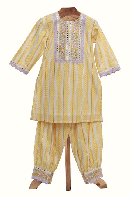 Minime Organics Yellow Cotton Lace, Cut Work, Embroidery Stripe Print Kurta And Harem Pant Set 