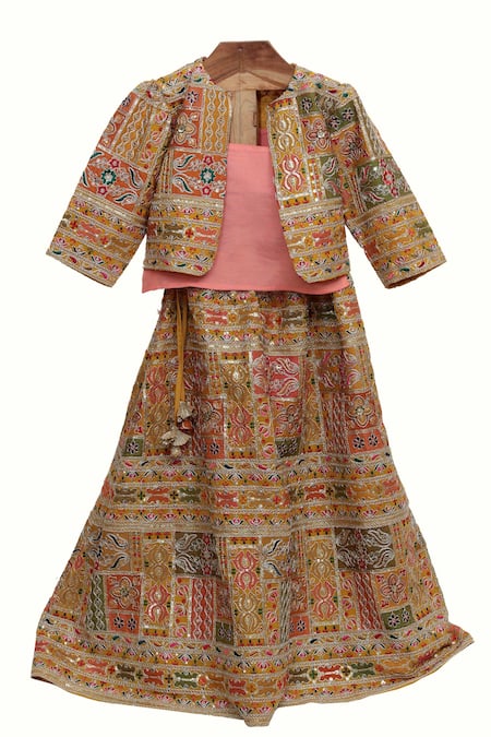 Minime Organics Gold Silk, Cotton Embroidery, Zari, Sequins And Thread Lehenga Set 