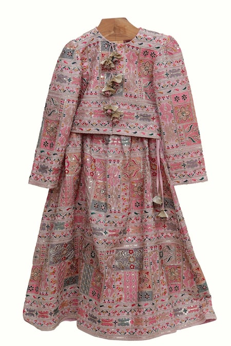 Minime Organics Pink Silk, Cotton Zari, Sequins Thread Embroidered Lehenga And Blouse Set 