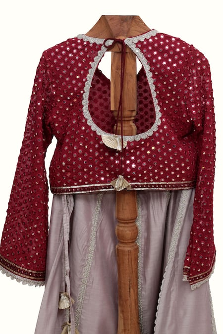 Shop Minime Organics Grey Chanderi Silk, Cotton Mirrors, Embroidery, Zari, Sequins Blouse Lehenga Set at Aza Fashions Shop_Minime Organics_Grey Chanderi Silk, Cotton Mirrors, Embroidery, Zari, Sequins Blouse Lehenga Set _at_Aza_Fashions