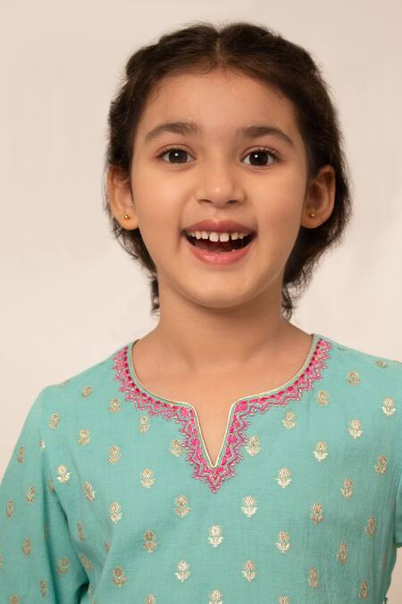 Buy_BOTEH_Blue Chanderi Silk, Cotton Gota Patti, Embroidery Floral Butti Kurta Pant Set 