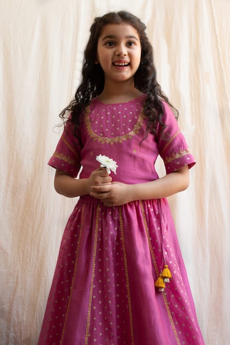 BOTEH Pink Chanderi Silk, Cotton Gota Patti, Embroidery Panelled Lehenga Set at Aza Fashions BOTEH_Pink Chanderi Silk, Cotton Gota Patti, Embroidery Panelled Lehenga Set _at_Aza_Fashions