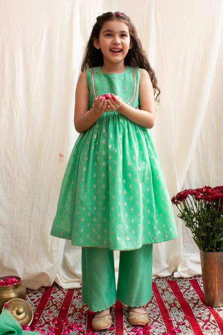 Buy_BOTEH_Green Chanderi Silk, Cotton Embroidery Floral Anarkali Set _Online_at_Aza_Fashions