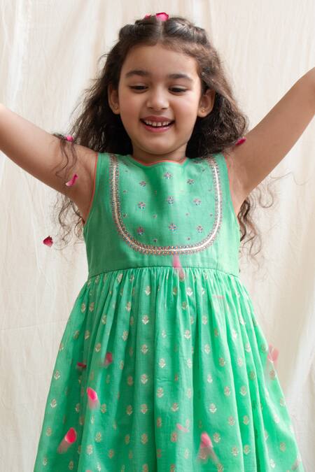 Shop_BOTEH_Green Chanderi Silk, Cotton Embroidery Floral Anarkali Set _Online_at_Aza_Fashions