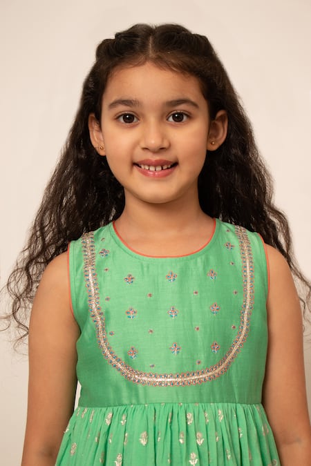 BOTEH_Green Chanderi Silk, Cotton Embroidery Floral Anarkali Set _at_Aza_Fashions