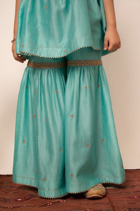 BOTEH_Blue Silk, Cotton, Embroidery Anarkali Sharara Set _Online_at_Aza_Fashions