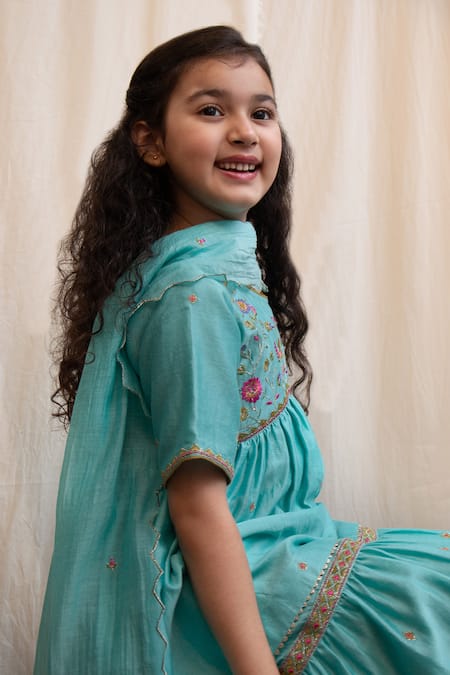 Shop_BOTEH_Blue Silk, Cotton, Embroidery Anarkali Sharara Set _Online_at_Aza_Fashions