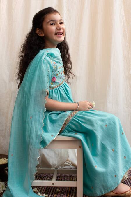 BOTEH_Blue Silk, Cotton, Embroidery Anarkali Sharara Set _at_Aza_Fashions