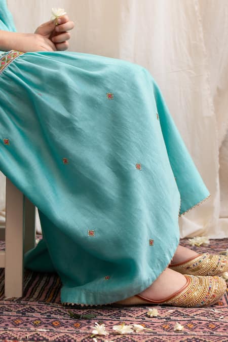 Buy_BOTEH_Blue Silk, Cotton, Embroidery Anarkali Sharara Set 