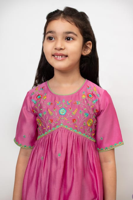 BOTEH_Pink Silk, Cotton, Embroidery Floral Anarkali Sharara Set _Online_at_Aza_Fashions