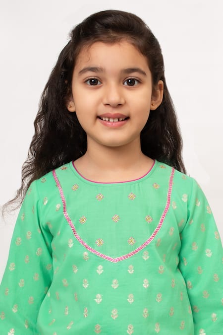 BOTEH_Green Chanderi Silk, Cotton Embroidery Butti Kurta With Sharara _Online_at_Aza_Fashions