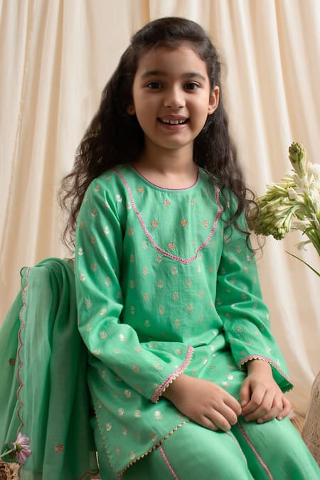 Shop_BOTEH_Green Chanderi Silk, Cotton Embroidery Butti Kurta With Sharara _Online_at_Aza_Fashions