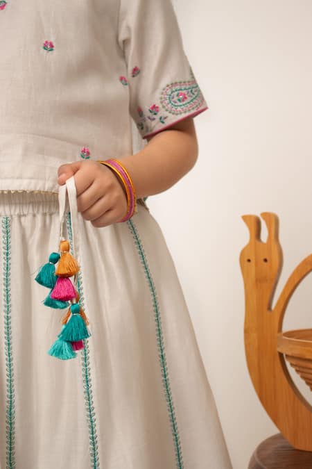 BOTEH_Ivory Chanderi Silk, Linen, Cotton Gota Patti, Embroidery Paisley Lehenga Set _Online_at_Aza_Fashions