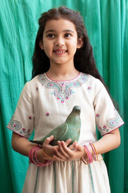 Buy_BOTEH_Ivory Chanderi Silk, Linen, Cotton Gota Patti, Embroidery Paisley Lehenga Set _Online_at_Aza_Fashions