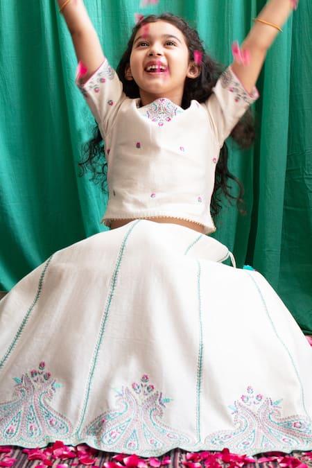 Shop_BOTEH_Ivory Chanderi Silk, Linen, Cotton Gota Patti, Embroidery Paisley Lehenga Set _Online_at_Aza_Fashions