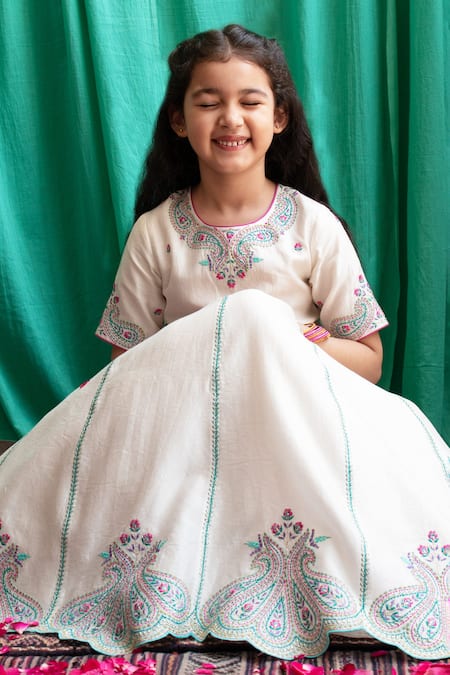 BOTEH_Ivory Chanderi Silk, Linen, Cotton Gota Patti, Embroidery Paisley Lehenga Set _at_Aza_Fashions