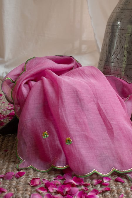 Shop_BOTEH_Pink Chanderi Silk, Cotton Gota Patti, Embroidery Floral Paisley Lehenga Set _Online_at_Aza_Fashions