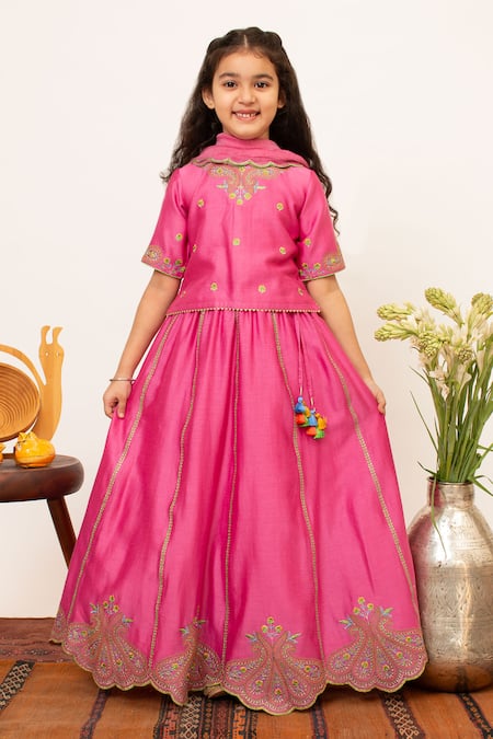 BOTEH_Pink Chanderi Silk, Cotton Gota Patti, Embroidery Floral Paisley Lehenga Set _at_Aza_Fashions
