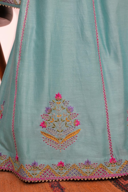 BOTEH_Blue Chanderi Silk, Cotton Gota Patti, Floral Shrub Placement Lehenga Set _Online_at_Aza_Fashions