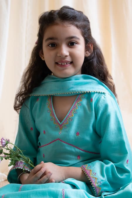 Shop_BOTEH_Blue Chanderi Silk, Cotton Gota Patti, Floral Shrub Placement Lehenga Set _Online_at_Aza_Fashions