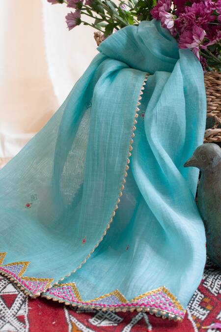 BOTEH_Blue Chanderi Silk, Cotton Gota Patti, Floral Shrub Placement Lehenga Set _at_Aza_Fashions