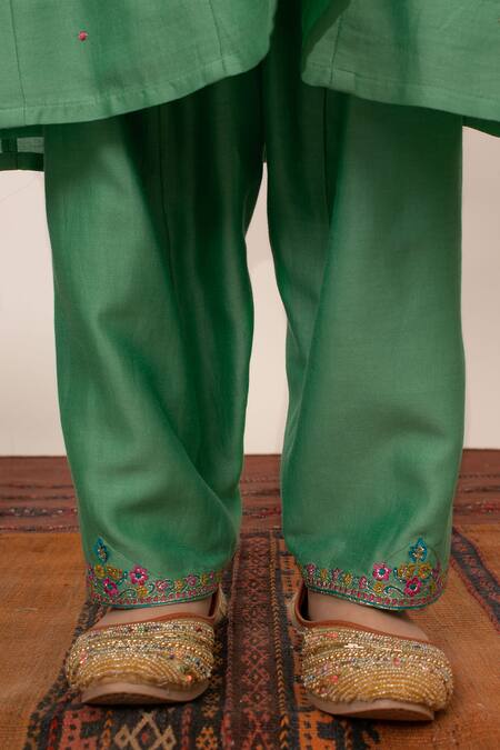 Shop_BOTEH_Green Chanderi Silk, Cotton Embroidery, Gota Floral Placement Kurta Pant Set _Online_at_Aza_Fashions