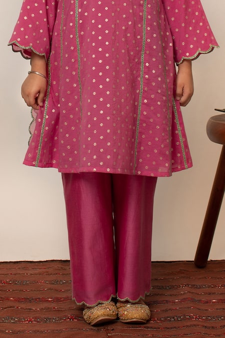 BOTEH_Pink Silk, Cotton, Gota Butti Pattern A Line Kurta Pant Set _Online_at_Aza_Fashions