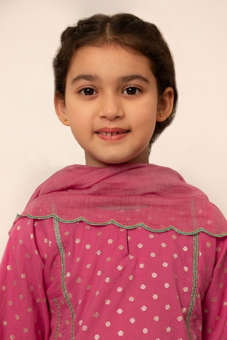 Buy_BOTEH_Pink Silk, Cotton, Gota Butti Pattern A Line Kurta Pant Set _Online_at_Aza_Fashions