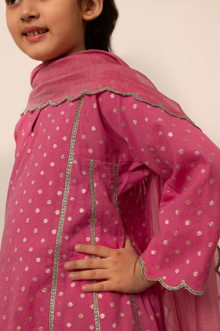 Shop_BOTEH_Pink Silk, Cotton, Gota Butti Pattern A Line Kurta Pant Set _Online_at_Aza_Fashions