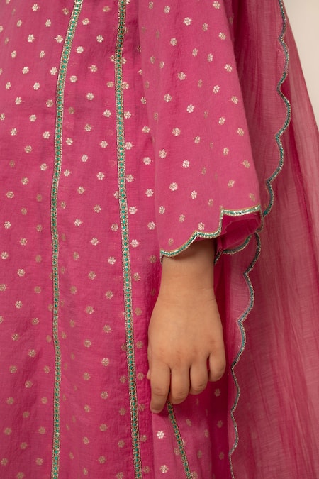 BOTEH_Pink Silk, Cotton, Gota Butti Pattern A Line Kurta Pant Set _at_Aza_Fashions