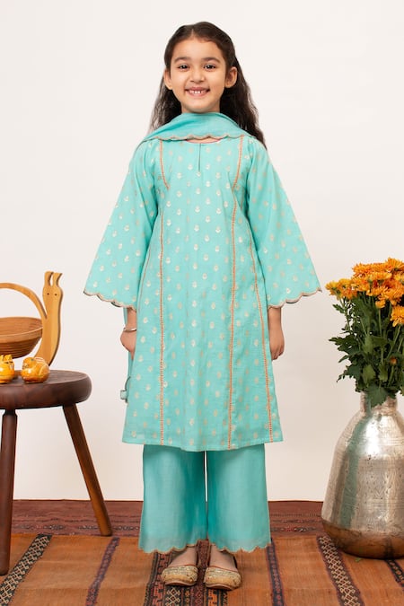 BOTEH_Blue Chanderi Silk, Cotton Embroidery, Gota Butti Pattern A Line Kurta Pant Set _Online_at_Aza_Fashions
