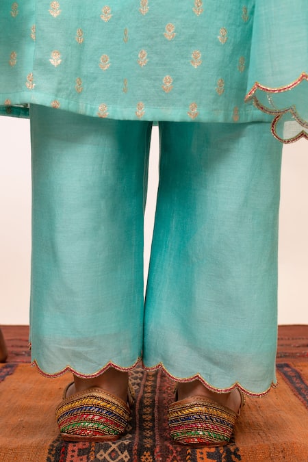 Buy_BOTEH_Blue Chanderi Silk, Cotton Embroidery, Gota Butti Pattern A Line Kurta Pant Set _Online_at_Aza_Fashions