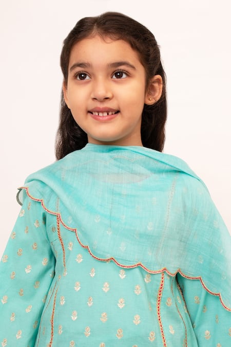 Shop_BOTEH_Blue Chanderi Silk, Cotton Embroidery, Gota Butti Pattern A Line Kurta Pant Set _Online_at_Aza_Fashions