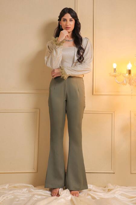 Buy B'Infinite Green Satin Solid Gleam Trouser at Aza Fashions Buy_B'Infinite_Green Satin Solid Gleam Trouser_at_Aza_Fashions