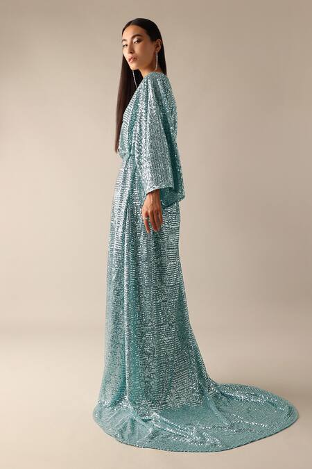 Shop Deme X Kalki Blue Net Sequins V-neck Ida Embroidered Kaftan With Belt at Aza Fashions Shop_Deme X Kalki_Blue Net Sequins V-neck Ida Embroidered Kaftan With Belt_at_Aza_Fashions