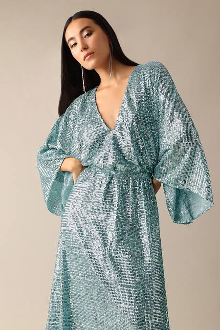 Deme X Kalki Blue Net Sequins V-neck Ida Embroidered Kaftan With Belt Online at Aza Fashions Deme X Kalki_Blue Net Sequins V-neck Ida Embroidered Kaftan With Belt_Online_at_Aza_Fashions