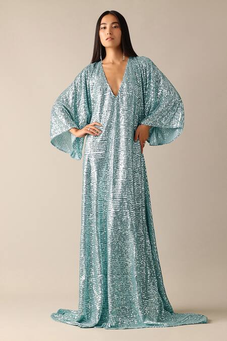 Buy Deme X Kalki Blue Net Sequins V-neck Ida Embroidered Kaftan With Belt Online at Aza Fashions Buy_Deme X Kalki_Blue Net Sequins V-neck Ida Embroidered Kaftan With Belt_Online_at_Aza_Fashions