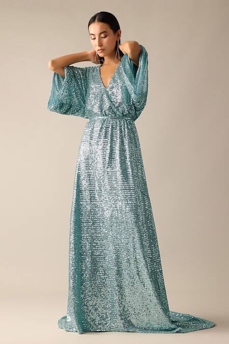 Shop Deme X Kalki Blue Net Sequins V-neck Ida Embroidered Kaftan With Belt Online at Aza Fashions Shop_Deme X Kalki_Blue Net Sequins V-neck Ida Embroidered Kaftan With Belt_Online_at_Aza_Fashions