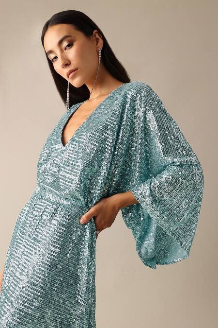 Deme X Kalki Blue Net Sequins V-neck Ida Embroidered Kaftan With Belt at Aza Fashions Deme X Kalki_Blue Net Sequins V-neck Ida Embroidered Kaftan With Belt_at_Aza_Fashions