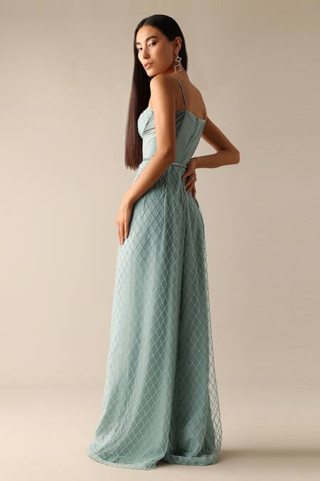 Shop_Deme X Kalki_Green Net Beads Sweetheart Neck Ilsa Embroidered Corset Jumpsuit_at_Aza_Fashions