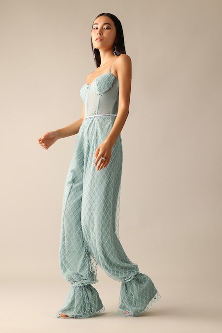 Buy_Deme X Kalki_Green Net Beads Sweetheart Neck Ilsa Embroidered Corset Jumpsuit_Online_at_Aza_Fashions