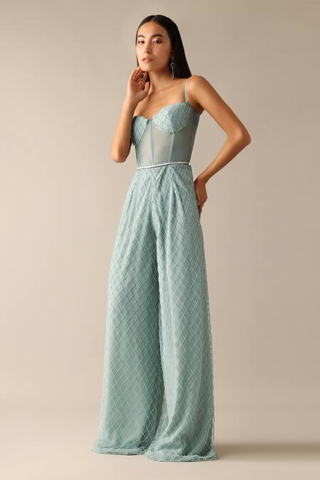 Deme X Kalki_Green Net Beads Sweetheart Neck Ilsa Embroidered Corset Jumpsuit_at_Aza_Fashions