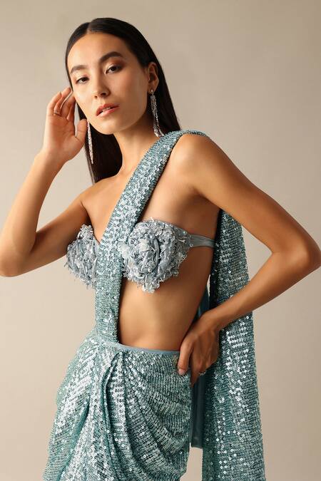 Deme X Kalki_Blue Net Sequins, Fabric Flowers Leni Embroidered Pre-pleated Saree With Blouse_Online_at_Aza_Fashions