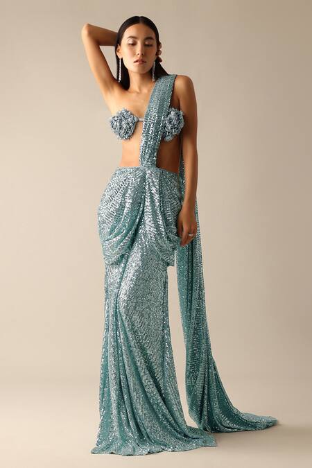 Buy_Deme X Kalki_Blue Net Sequins, Fabric Flowers Leni Embroidered Pre-pleated Saree With Blouse_Online_at_Aza_Fashions